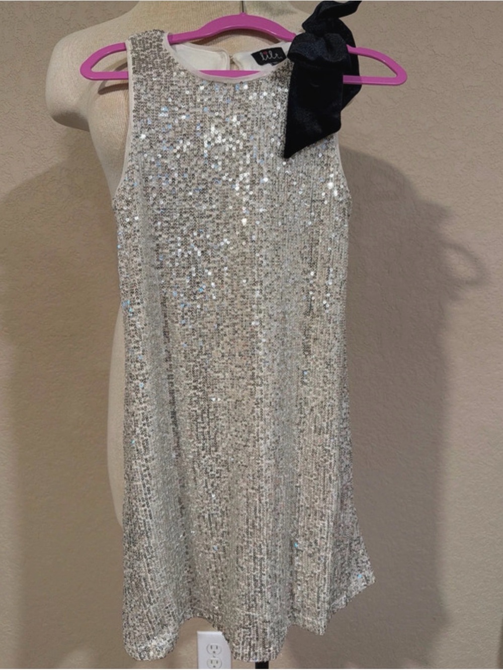 lilt Silver Sequin Party Dress with Black Bow